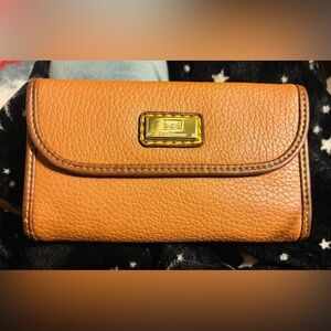 New w/o Tags b.o.c. 12 Card Slot Brown Pebble Leather Wallet with Gold Hardware